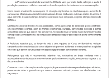 Prefeitura de Machadinho D’Oeste emite alerta sobre riscos em rios e cachoeiras durante período de cheia