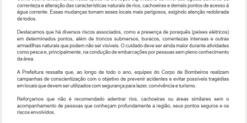 Prefeitura de Machadinho D’Oeste emite alerta sobre riscos em rios e cachoeiras durante período de cheia