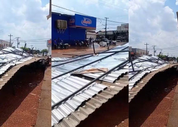 Estrutura metálica é arrastada com vento forte durante chuva em Cujubim