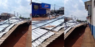 Estrutura metálica é arrastada com vento forte durante chuva em Cujubim