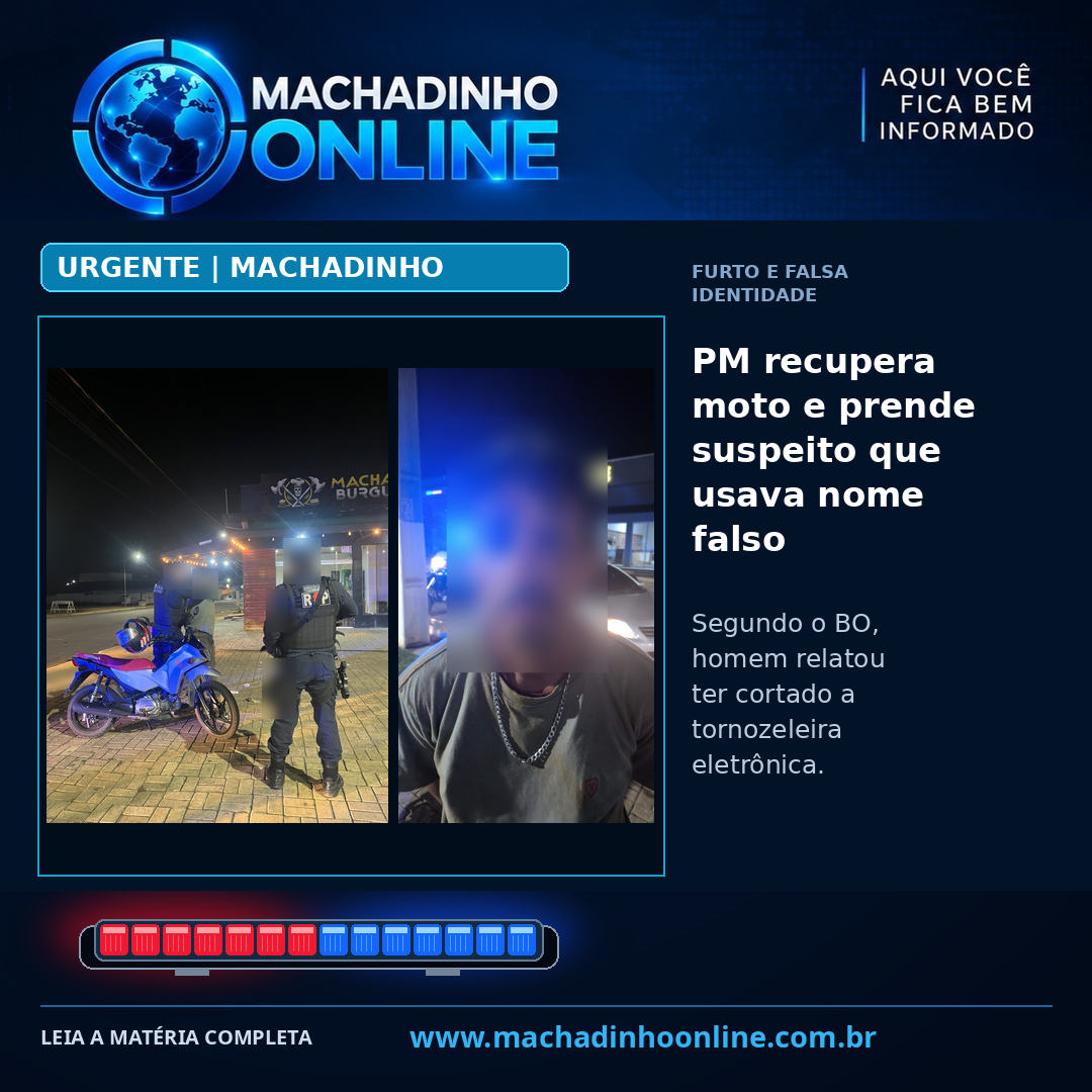 Arte Machadinho Online com duas fotos anonimizadas sobre recuperação de moto e falsa identidade